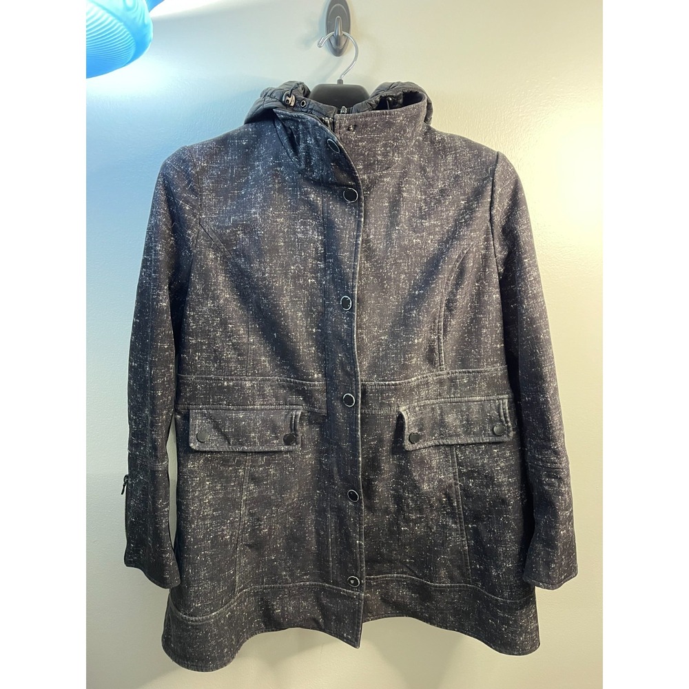 GUESS Womens Softshell Parka Jacket with Zip Out Quilted Bib Grey Textured Print
